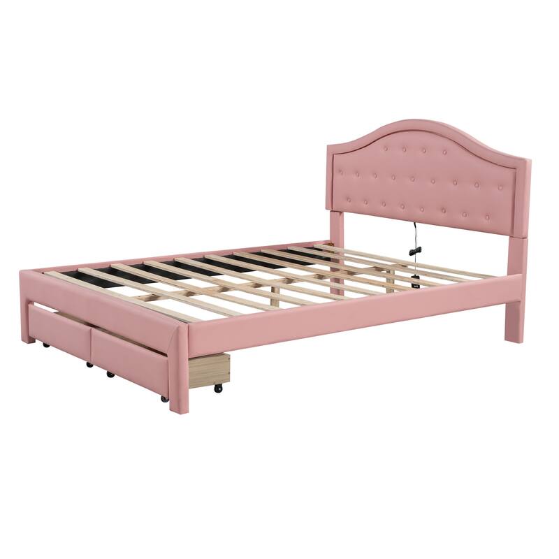 Upholstered Platform Bed with Tufted Headboard, LED and 2 Drawers, Pink