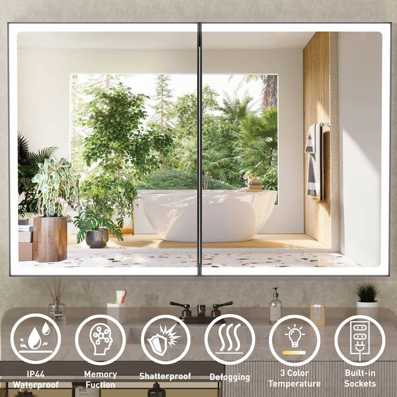 Grand Aluminum Medicine Cabinet with Mirror, Adjustable Shelves, Dimmable Light, Anti-Fog, Recessed or Wall Mount