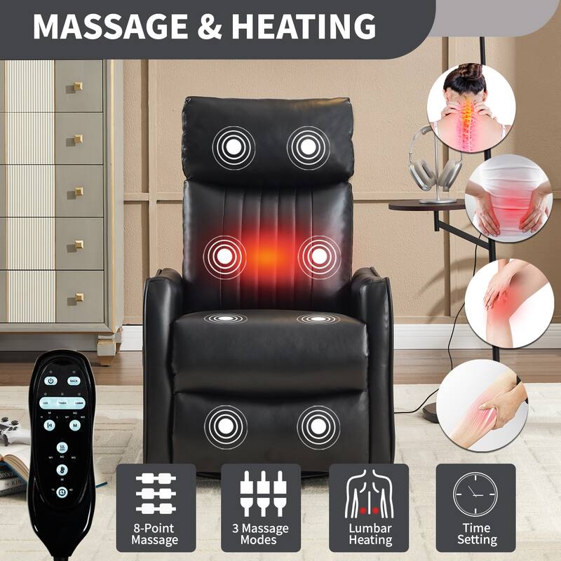 Black Faux Leather Heat Massage Manual Recliner Chair with Rocker and Swivel for Living Room