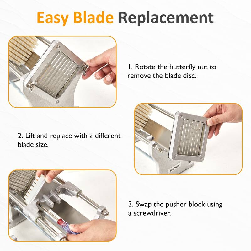 French Fry Cutter with 1/2 Inch and 3/8 Inch Blades, 6-wedge Slicer, Stainless Steel