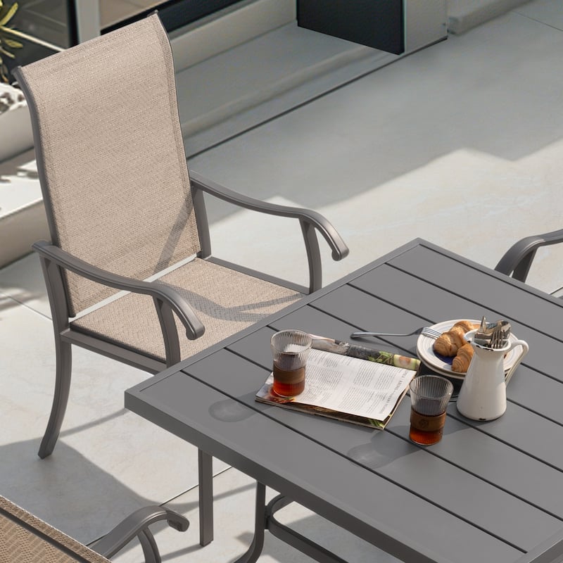 Patio Metal Textilene Dining Set of 5 with Umbrella Hole and High Backrest