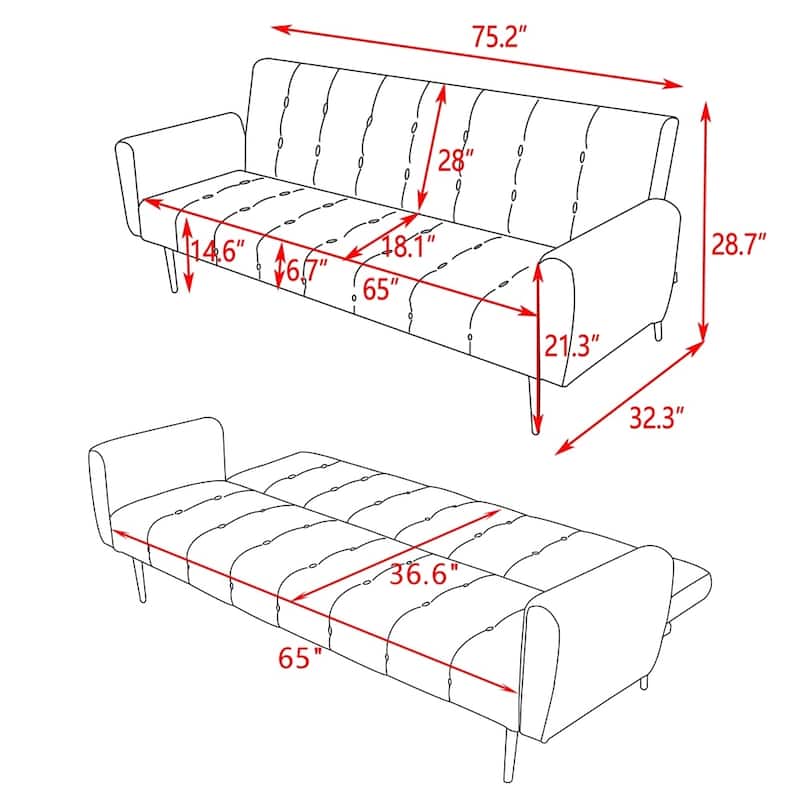 Velvet Sofa Bed, Golden Legs, Easy Assembly for Small Spaces