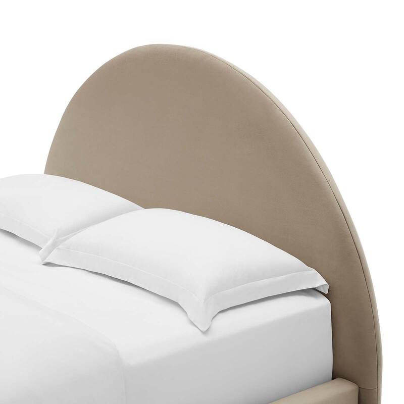 Palmetto Modern Round Headboard Taupe Velvet Upholstered King Size Platform Bed