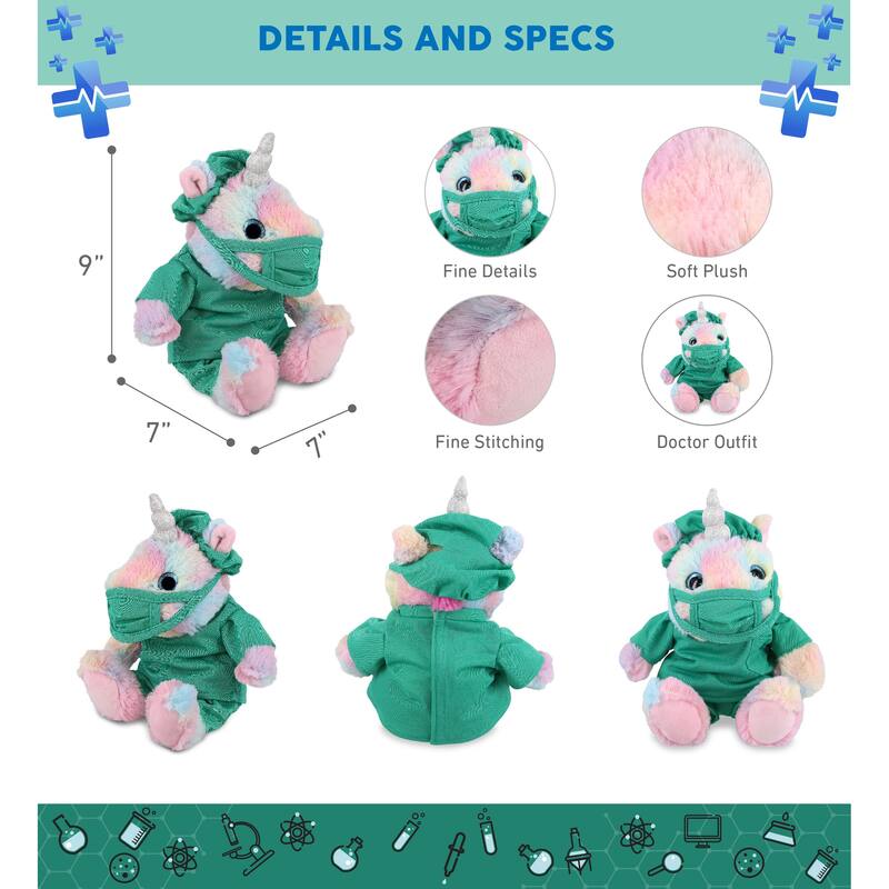 DolliBu Sitting Rainbow Unicorn Doctor Plush with Scrub Uniform & Cap - 10 inches