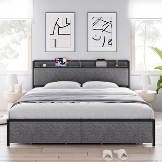 Queen Size Upholstered Bed Frame 2 Storage Drawers Charging Station ...