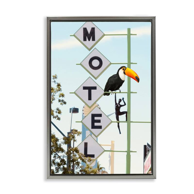 Stupell Toucan on Motel Sign Framed Floater Canvas Wall Art Design By Ashley Singleton - 17 x 25 - Grey
