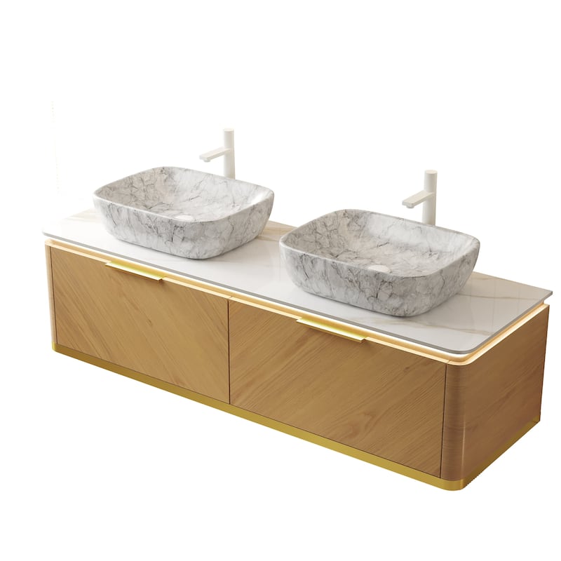 60" Floating Bathroom Vanity with Sensor Light and Marble Vessel Sink