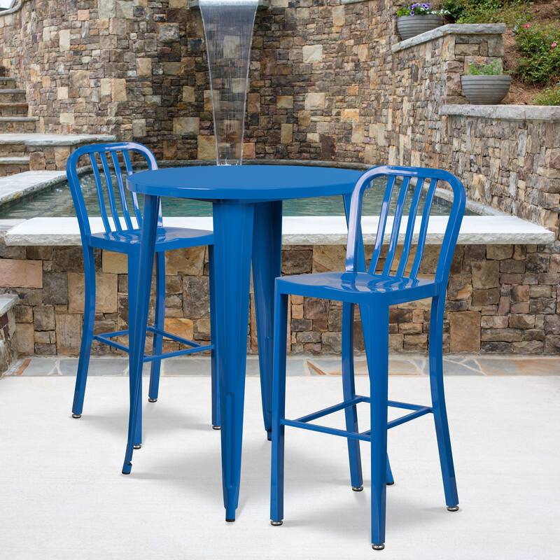 30'' Round Metal Indoor-Outdoor Bar Table Set with 2 Vertical Slat Back Stools - 30"W x 30"D x 41"H - Blue