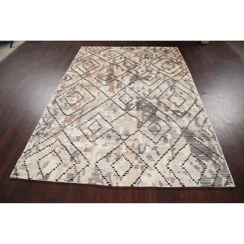 Geometric Moroccan Oriental Wool Area Rug Hand-knotted Modern Carpet - 5'4" x 7'5"