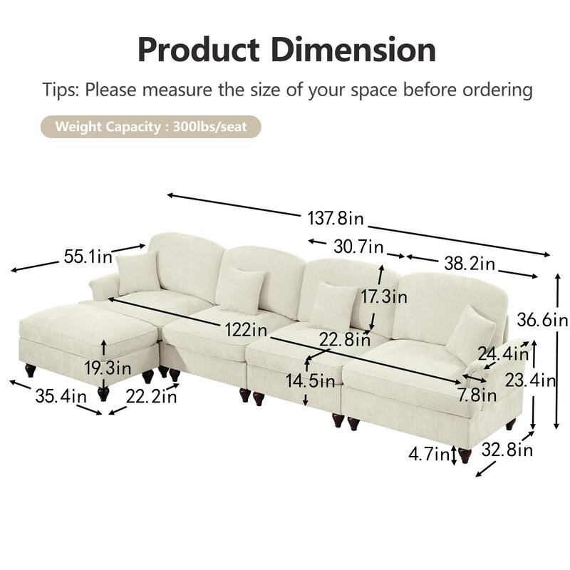 GDFStudio - Classic L-Shaped Chenille 4-Seater 137.8" Sectional Sofa with Ottoman