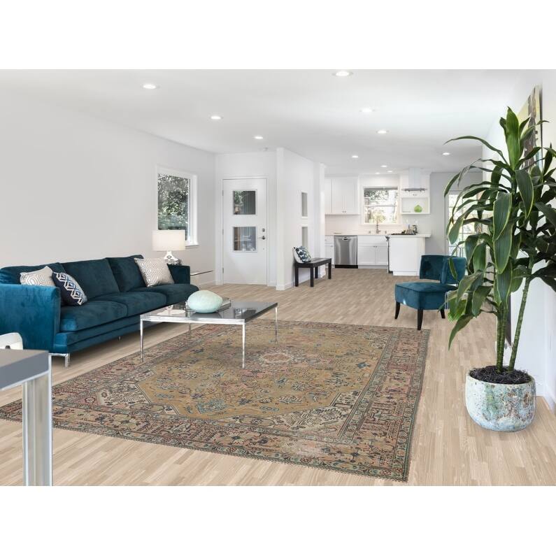 Hand Knotted Oriental 100% Wool Carpet Traditional Medallion Yellow & Gold Tabriz Area Rug - 9' 8'' X 6' 10''