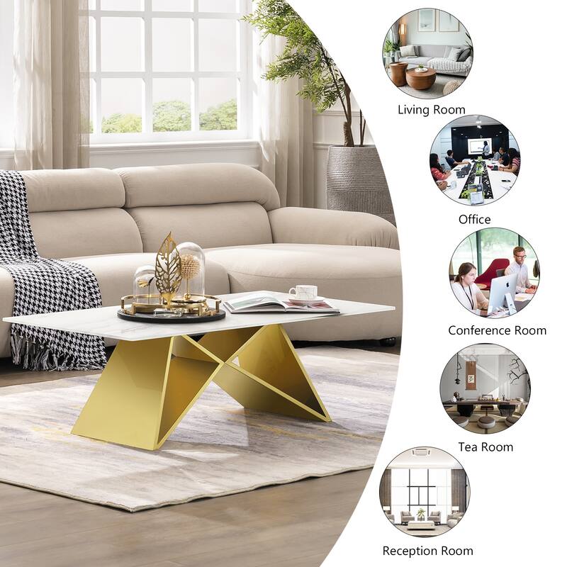 Luxurious 50 inch Rectangle White Glass Coffee Table with Mirrored M-Shaped Base