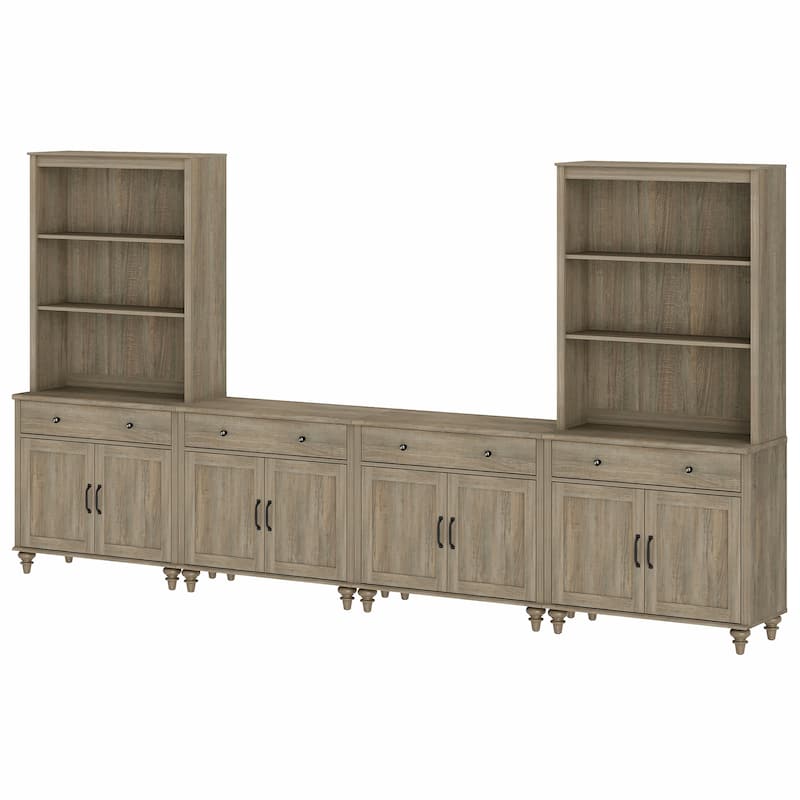 Wash Grey Farmhouse TV Stand with Wooden Doors & Drawers