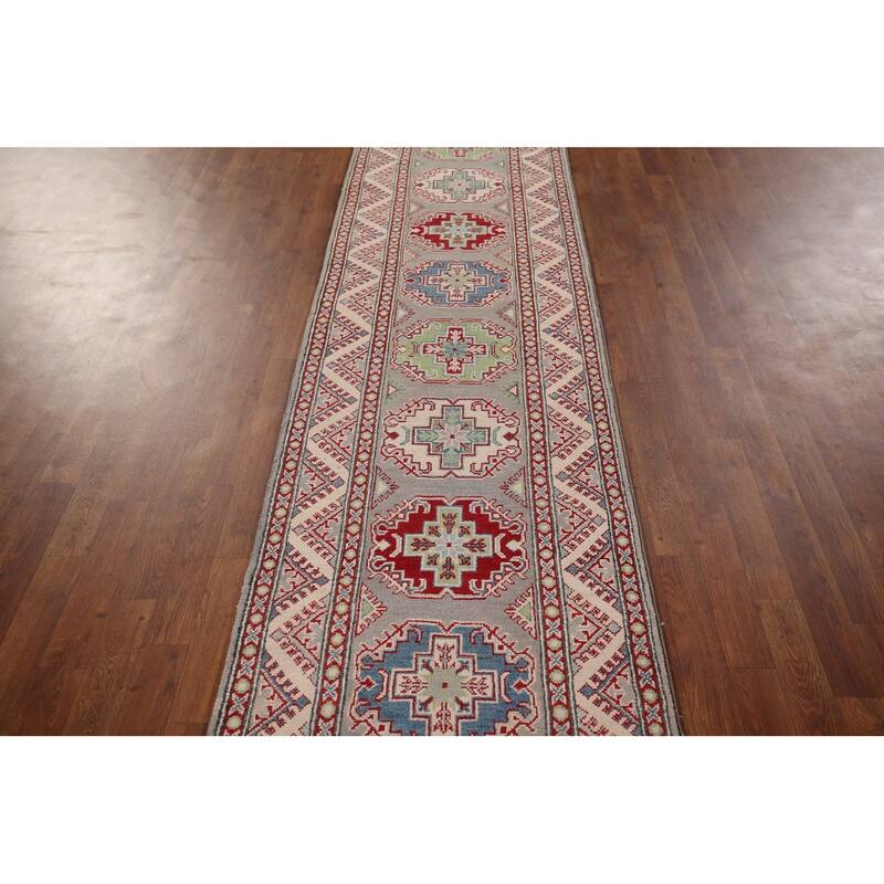 Gray Kazak Oriental Runner Rug Hand-Knotted Hallway Wool Carpet - 2'6" x 20'0"