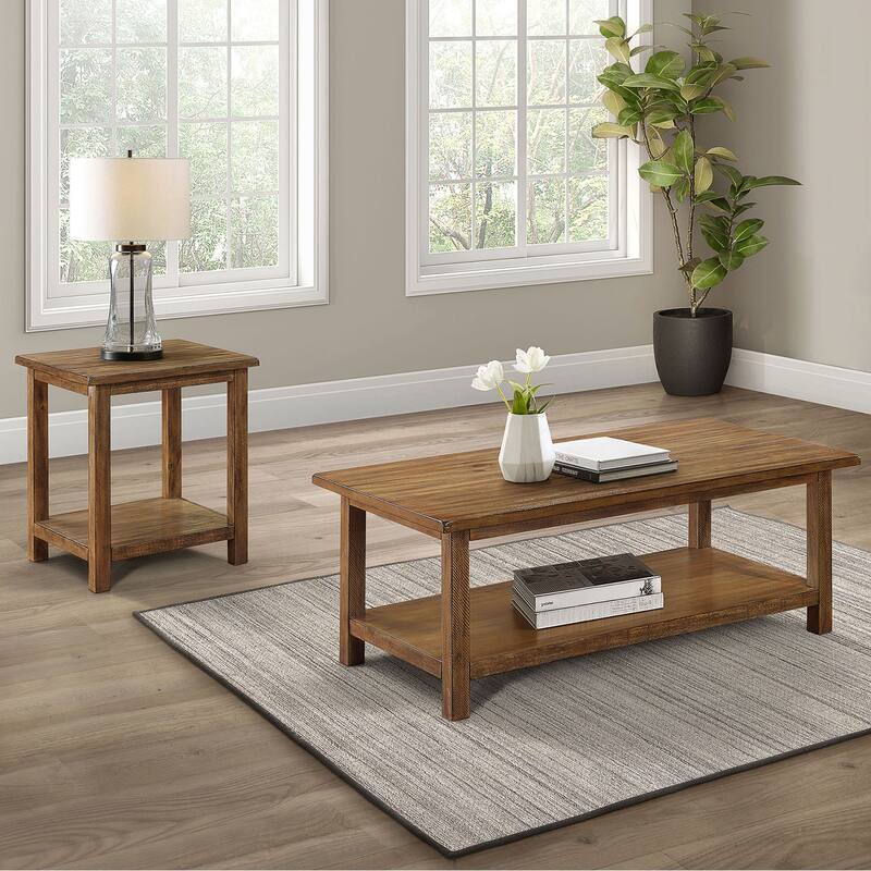 2 Piece Wooden Table Set with 2 Open Shelves in Distressed Brown - 2 Piece
