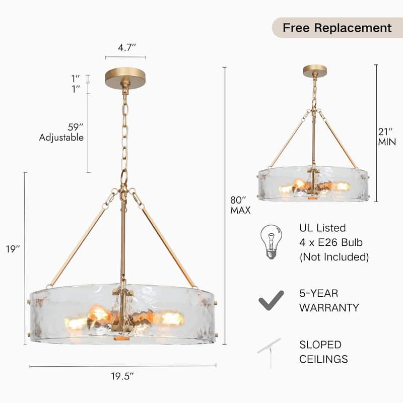 Modern 4-Light Gold Drum Chandelier Textured Glass Pendant Kitchen Island Lights for Dining Room - 19.5" D x 19" H