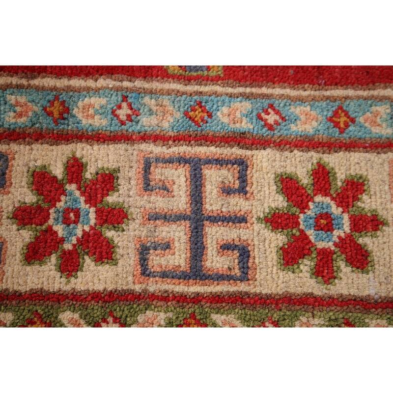 Red Geometric Kazak Foyer Rug Hand-Knotted Oriental Wool Carpet - 2'9" x 4'0"