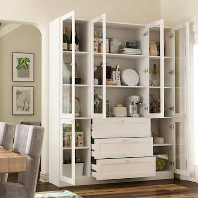 Kitchen Pantry Storage Cabinet with Hutch &Glass Doors & 3 Drawers - 78.7"H