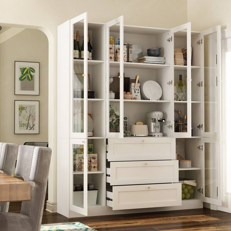 Modern Wood Sideboard Buffet Storage Cabinet with Hutch ,3 Drawers - 78.7"H