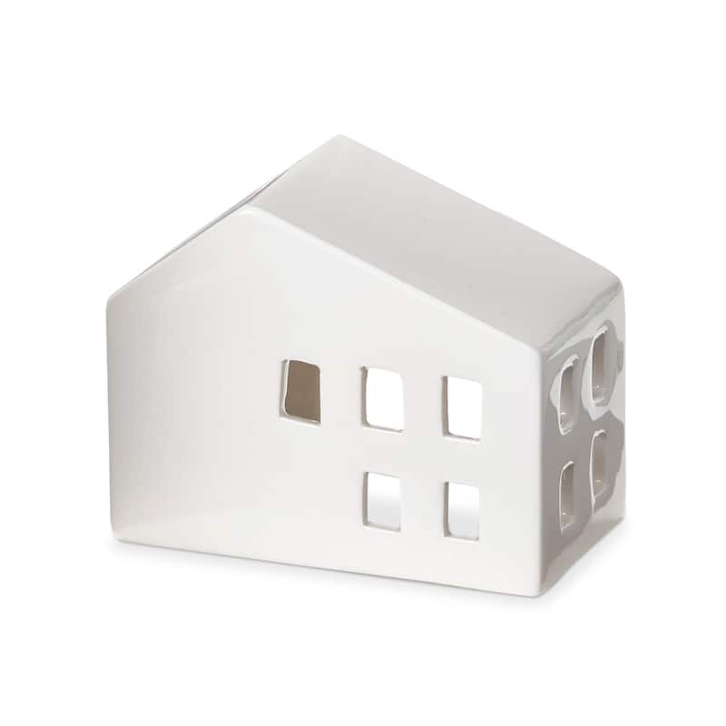 White Ceramic House Shaped Tealight Luminary Candle Holder Wide, 4.5L x 2.5W x 3.6H inches