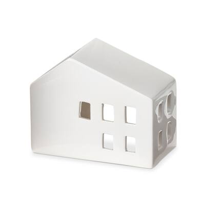White Ceramic House Shaped Tealight Luminary Candle Holder Wide, 4.5L x 2.5W x 3.6H inches