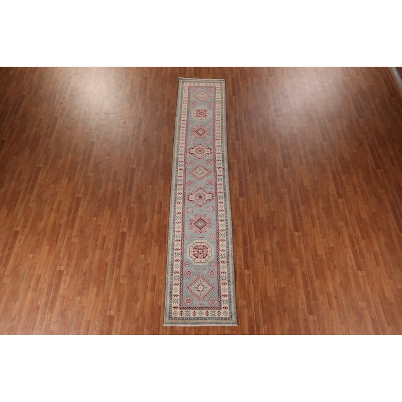 Geometric Kazak Oriental Runner Rug Hand-Knotted Blue Wool Carpet - 2'3" x 13'2"