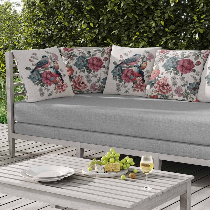 Petal Perched Birds Indoor/Outdoor Reversible Throw Pillow White and Pink