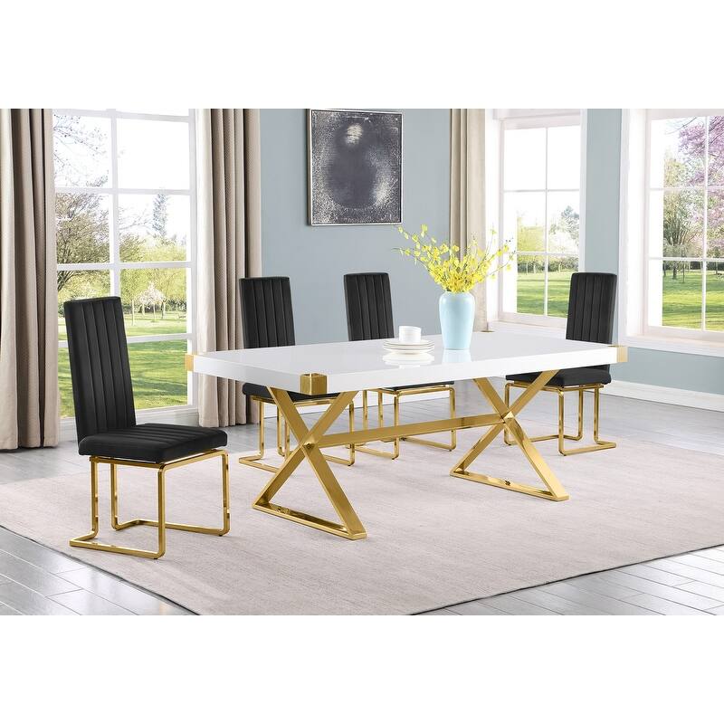 Best Quality Furniture D440/1-SC340-7 Dining Set with 78" White Lacquer Wood Top - 5-Piece - Black / Gold