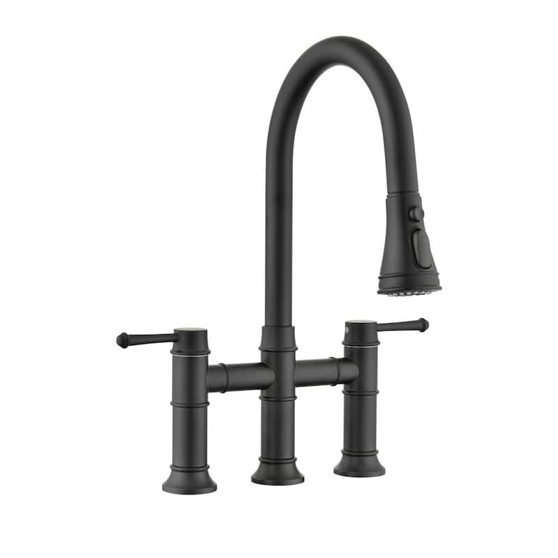 Bridge Kitchen Faucet With Pull Down Sparyer 3 Hole Kitchen Sink Faucet Double Handle 304 Stainless Steel Taps