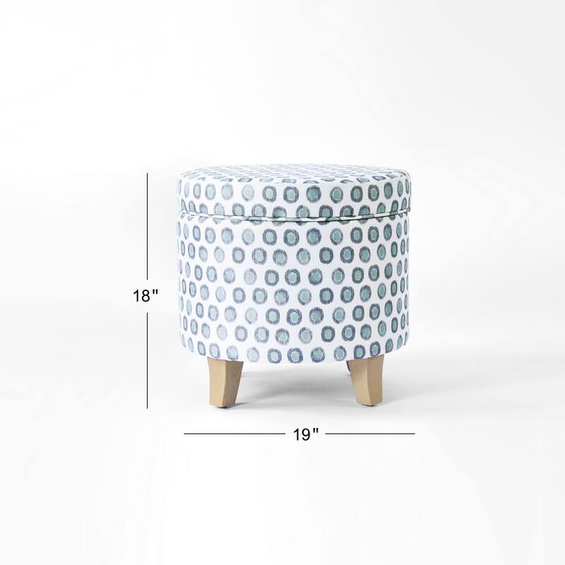 Loni Round Storage Ottoman, 19 Inch Blue Green Ikat Print, Brown