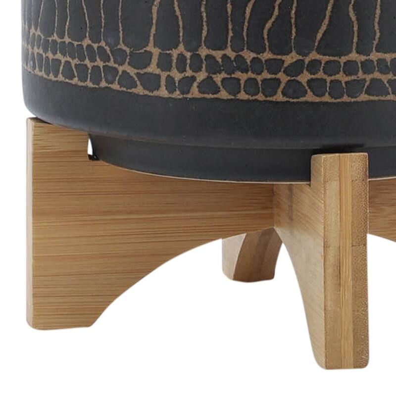 Sagebrook Home Modern Neutral Ceramic Planter Pot with Natural Wood Stand