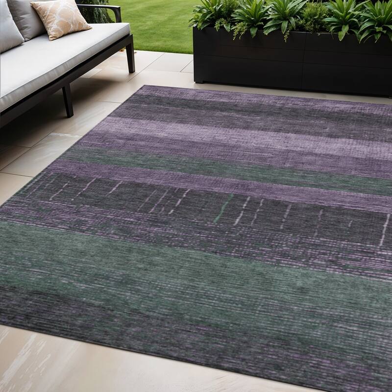 HomeRoots Striped Transitional Rectangle Outdoor Rug - Green/Purple - 5' X 8'