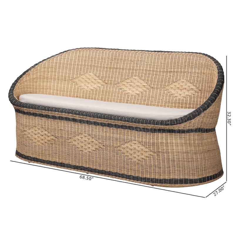 Emiliana Natural Rattan Loveseat - Handwoven Wicker Sofa with Two-Tone Woven Detailing and Cushion, Boho Coastal Seating