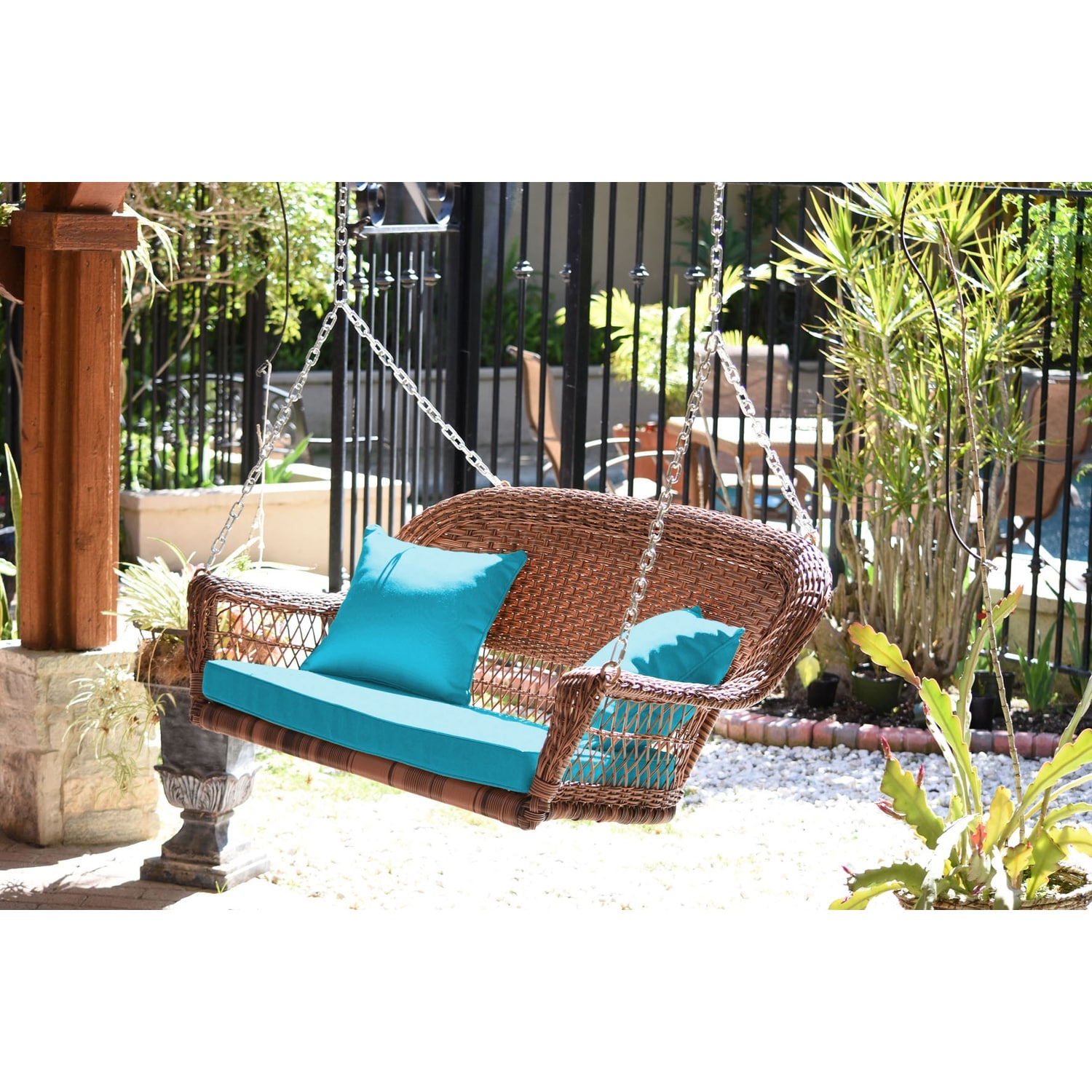 28 in. W Brown Cushion in Aluminum Frame Outdoor Porch Swing with CushionGuard and Stand