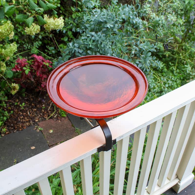 Achla Designs 12.5"Dia. Round Crackle Glass Birdbath w/Black Wrought Iron Over Rail Bracket