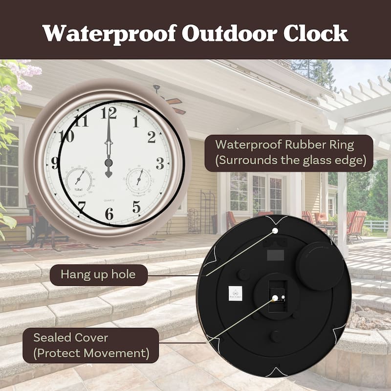 Indoor Outdoor Clock Thermometer Combo - 18-Inch Waterproof Outdoor Wall Clock with Temperature and Humidity by Nature Spring