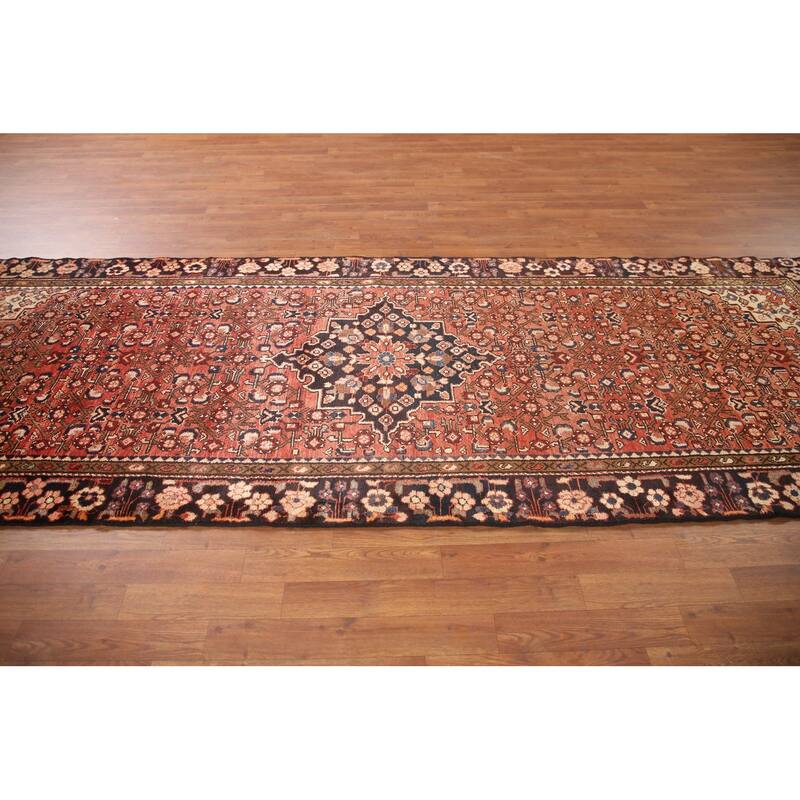 Hand Knotted Oriental 100% Wool Carpet Traditional Medallion Red Hamedan Runner Rug - 11' 0'' X 4' 0''