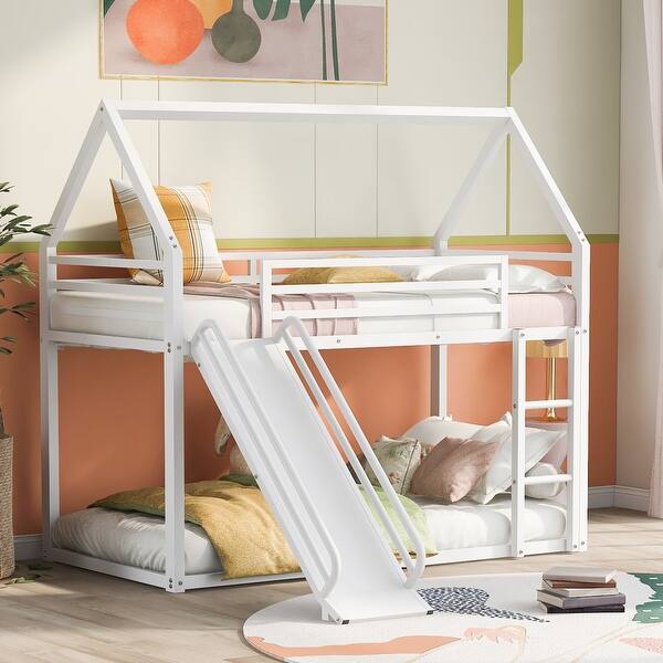 slide 2 of 8, Timeless Desig Twin over Twin Kids Bed Metal House Bunk Bed with Ladder and Slide, White White