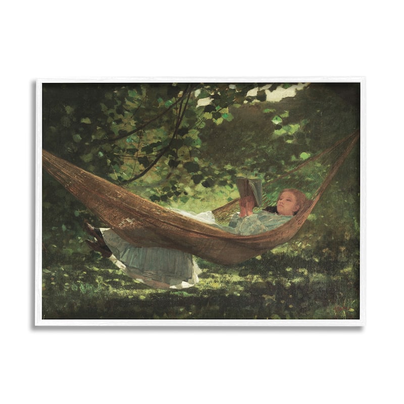 Stupell Girl Reading Book Hammock Classic Vintage Painting Framed Wall Art, Design by Lettered and Lined - Green - 30 x 24 - White