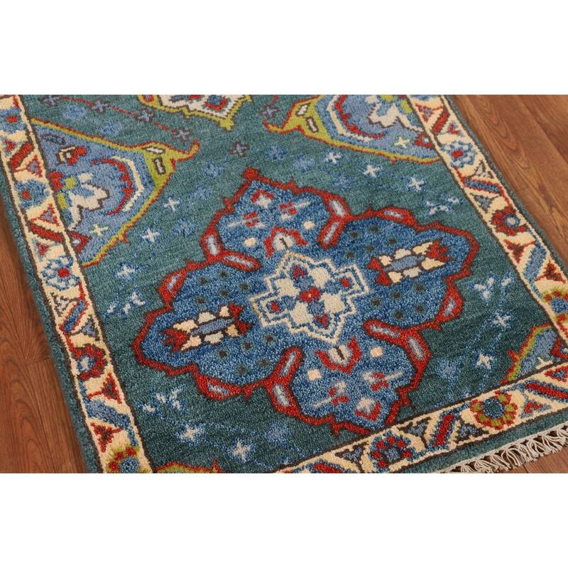 Green Geometric Kazak Oriental Runner Rug Hand-Knotted Wool Carpet - 2'6"x 9'10"