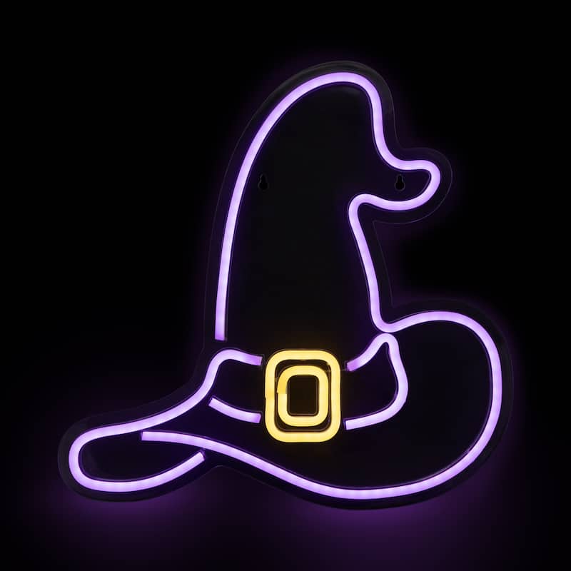 15" Purple LED Lighted Neon Style Witch Hat Halloween Window Silhouette