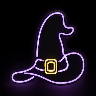 15" Purple LED Lighted Neon Style Witch Hat Halloween Window Silhouette