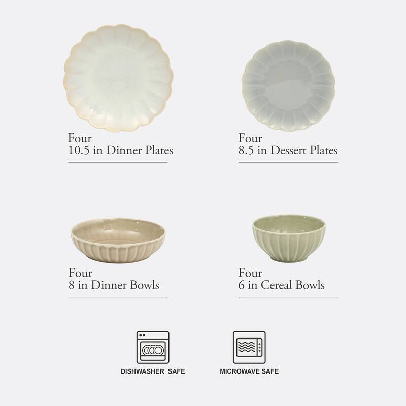 Gibson Elite Malibu Shore 16 Piece Scallop Stoneware Reactive Glaze (Service for 4) Ceramic Plates and Bowls Dinnerware Set