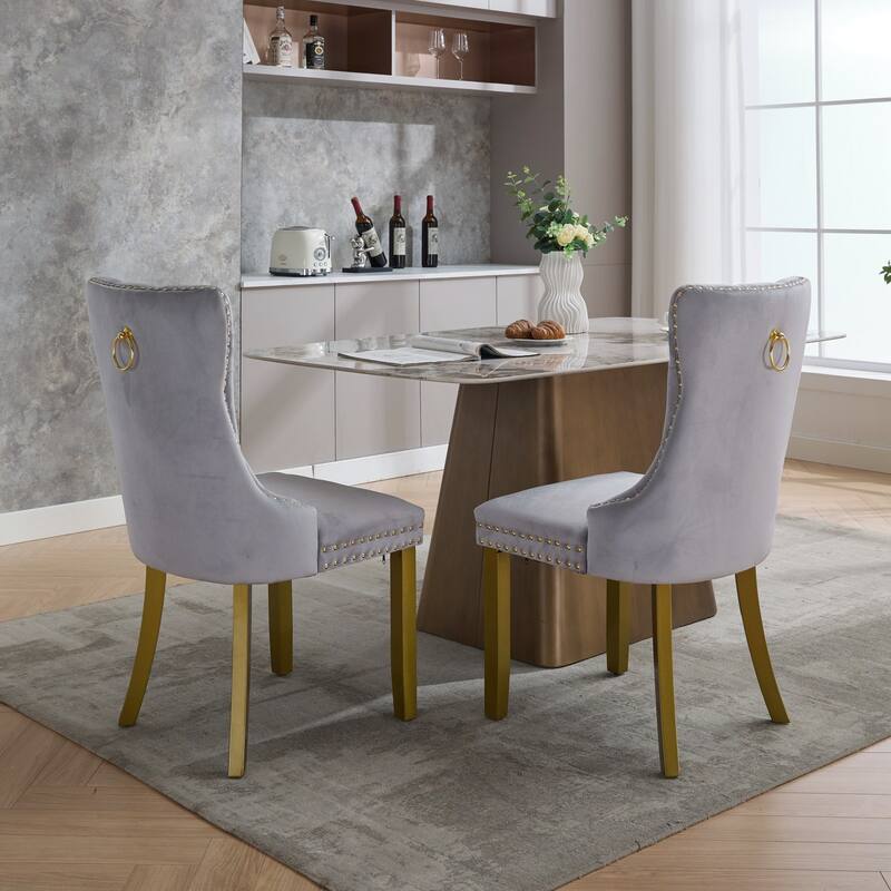 High-end Tufted Solid Wood Contemporary Velvet Upholstered Dining Chair with golden Wood Legs Nailhead Trim 2-Pcs Set