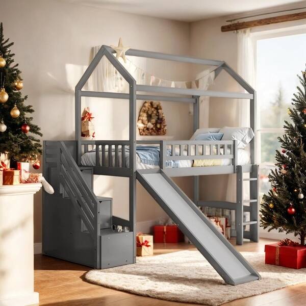 slide 2 of 10, Friendly Design Twin Loft House Bed with Two Drawers and Slide, Maximized Space Saving, Health and Comfort, Grey Grey