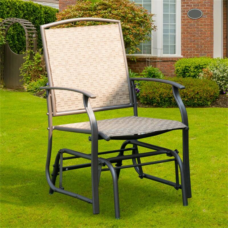 Brown Fabric Steel Glider Chair with Curved Armrests for Outdoor Use - 23" x 27.5" x 37" (L x W x H)