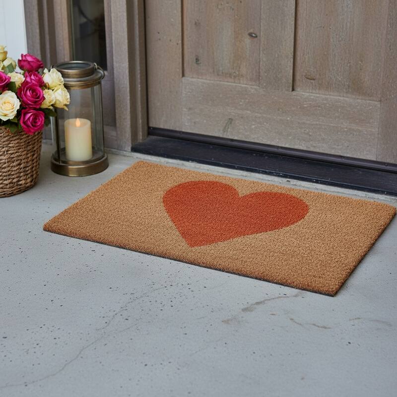 HomeRoots 17" X 29" Brown And Orange Heart Outdoor Coir Door Mat - 17.00' X '29.00 - 17.00' X '29.00