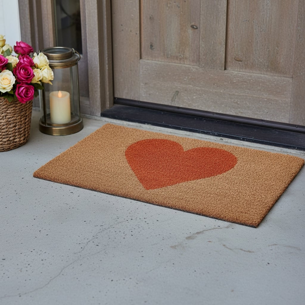 HomeRoots 17" X 29" Brown And Orange Heart Outdoor Coir Door Mat - 17.00' X '29.00