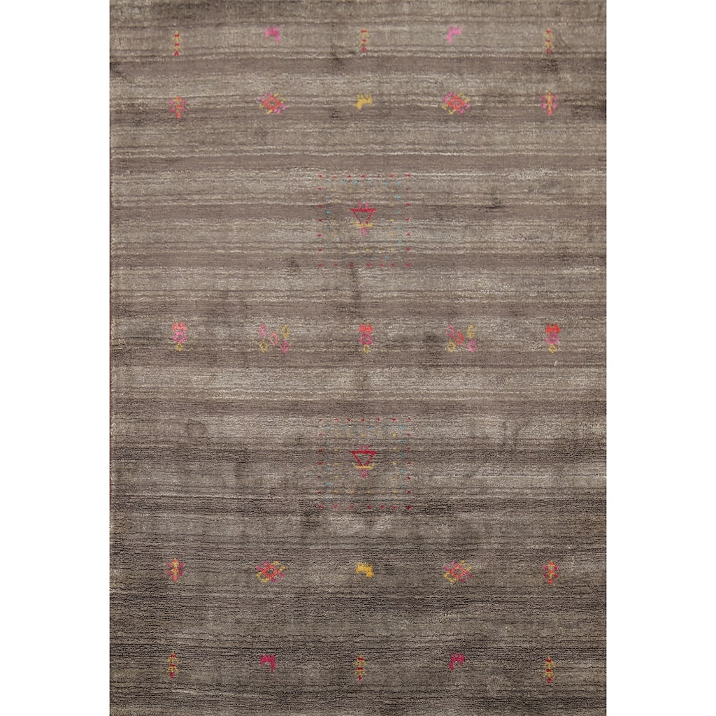Striped Brown Gabbeh Indian Area Rug Hand-Knotted Wool Carpet - 3'11"x 6'1"