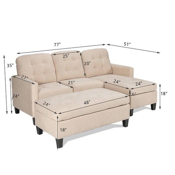 Costway Reversible Sectional Sofa Couch Lshaped Linen Sleeper Bed